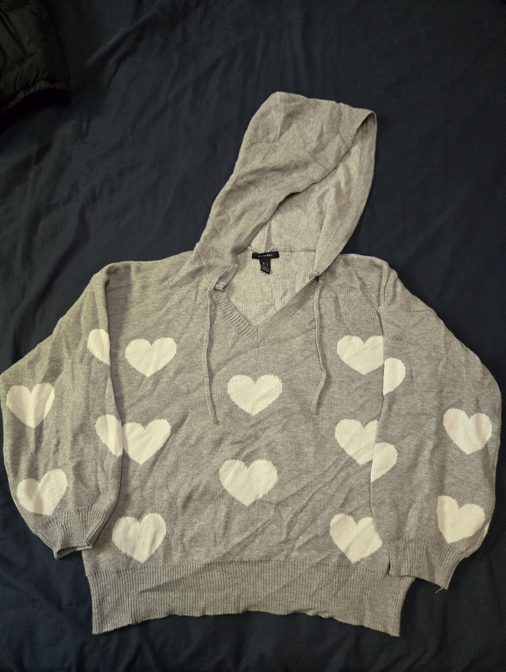 Gray V-Neck Hoodie Sweater with Heart Print